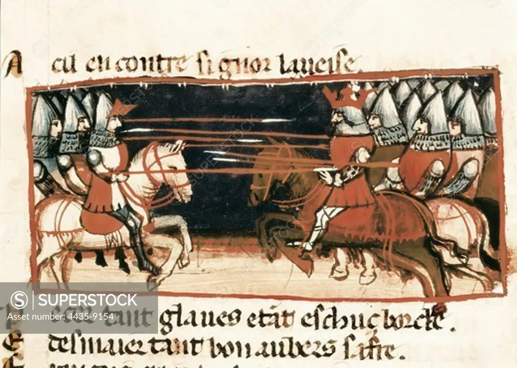 Charlemagne guides his knights against the enemy. Illustration of the epic poem 'L'entr_e d'Espagne' of the 14th C., that narrates Charlemagne's expedition to Spain. Gothic art. Miniature Painting. ITALY. VENETO. Venice. Biblioteca nazionale marciana (St. Mark's Library).