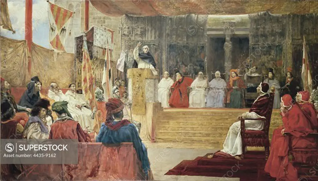 VINIEGRA Y LASSO, Salvador (1862-1915). Compromise of Caspe. Saint Vicente Ferrer from the pulpit speaking to the mediators assembled in Caspe (1412). Oil on canvas.