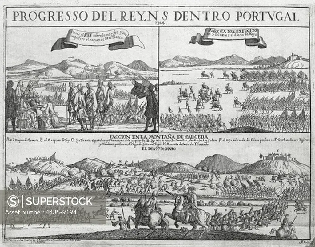 Spain (1704). War of the Spanish Succession. The Philip V troops supervised by the Duke of Berwick defeat to the troops of Archduke Carlos in Portugal. Etching. SPAIN. MADRID (AUTONOMOUS COMMUNITY). Madrid. National Library.