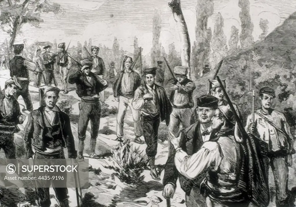Spain. Third Carlist War. Mountain somaten (Catalan militia). Carlist troops near Berga. Picture from 'La IlustraciÑn espaÐola y americana' (30th November 1875). Engraving.