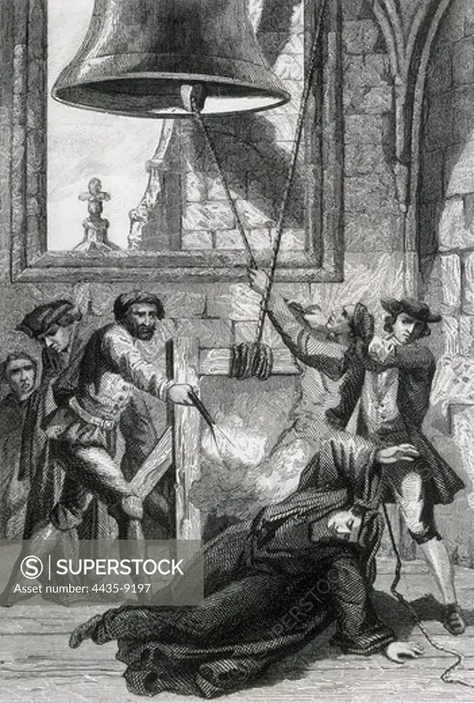 Spain (706). War of the Spanish Succession. Murder of Francesc Nicolàs de Sant Joan, 'conseller en cap' (fisrt counsellor), in the bell tower of the cathedral of Barcelona, where he had gone up to call to arms (April 1706). Etching.