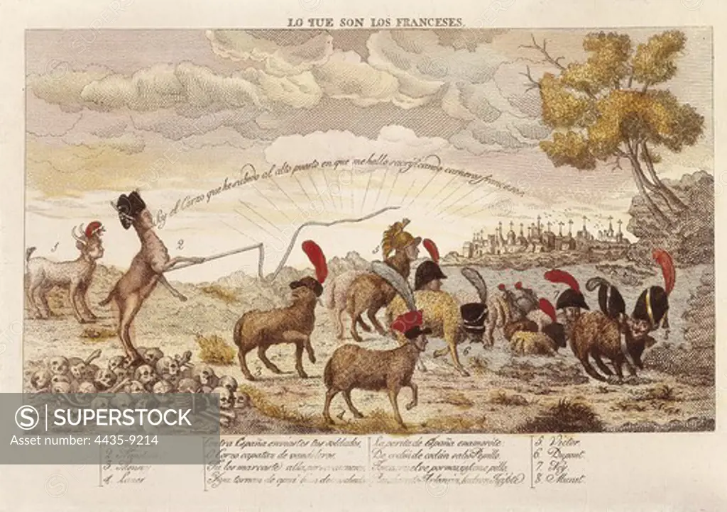 Spain (1852). Peninsular War (1808-1814). 'Lo que son los franceses' ('What French are'). Comic strip depicting (from the left to the right): Empress Jos_phine,  Napoleon and the army officers Monsey, Laner, Victor, Dupont, Ney and Murat. Engraving. SPAIN. MADRID (AUTONOMOUS COMMUNITY). Madrid. Museo de Historia.