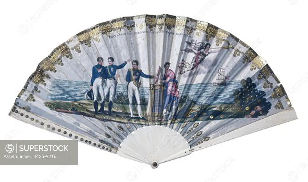 Spain (1820-1823). Civil war. Fan decorated with an illustration of Ferndinand VII swearing loyalty to the Cadiz Constitution. SPAIN. CATALONIA. Barcelona. Textile and Clothing Museum.