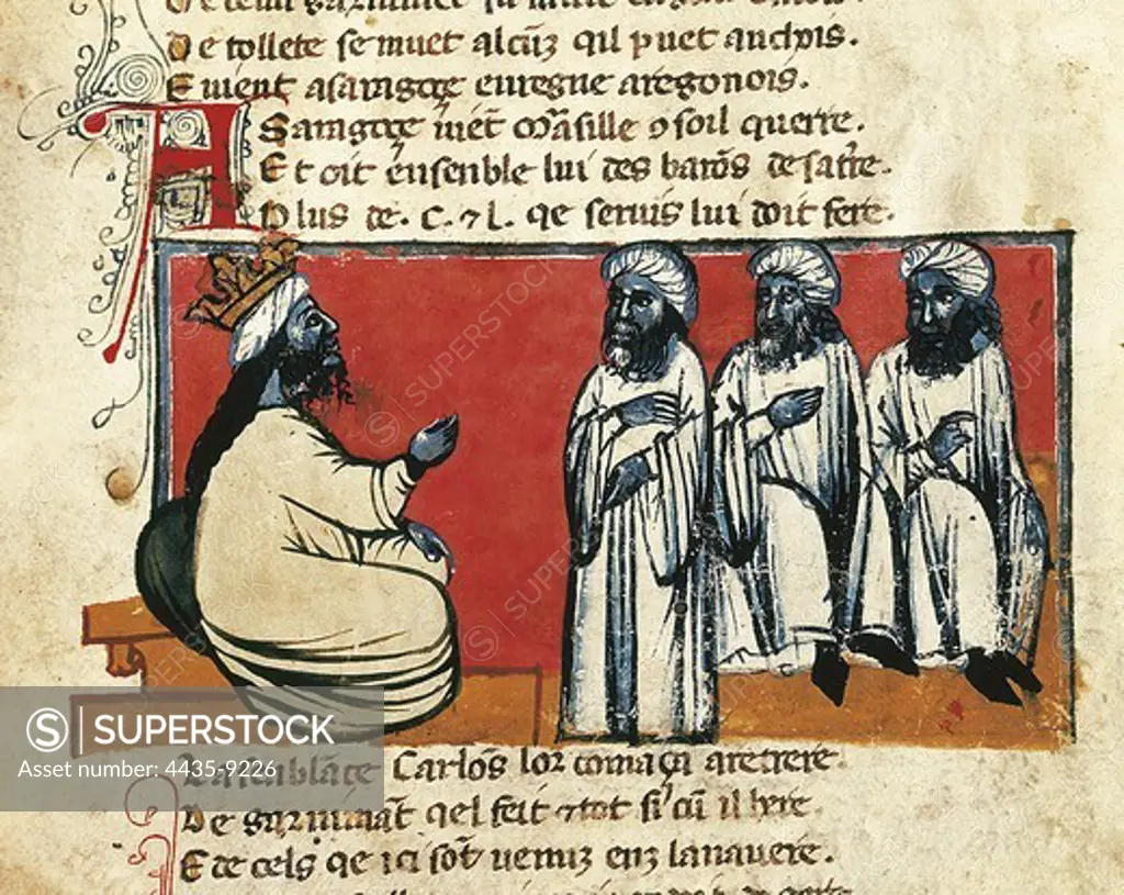 The emir of Cordoba and his dignitaries. Illustration of the epic poem 'L'entr_e d'Espagne' of the 14th C., that narrates Charlemagne's expedition to Spain. Gothic art. Miniature Painting. ITALY. VENETO. Venice. Biblioteca nazionale marciana (St. Mark's Library).