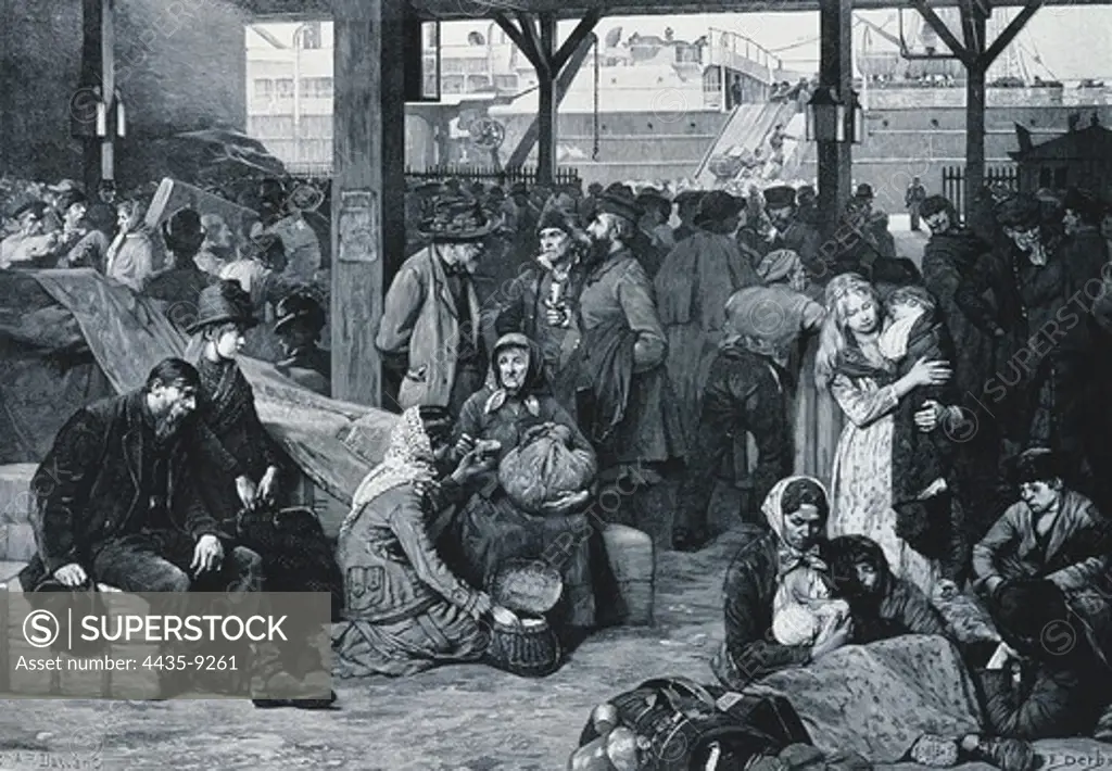 NETHERLANDS. The Hague. Departure of emigrants to America from harbour in The Hague; after an oil by Albert Pierre Darwant. Engraving.