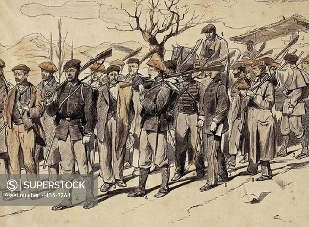 Spain. Third Carlist War. Left army. Presentation of carlists for amnisty at the general quarter, in Alsasua (1876). Engraving by Jos_ Luis Pellicer. Litography. SPAIN. BASQUE COUNTRY. GUIPUZCOA. Donostia. San Telmo Municipal Museum.