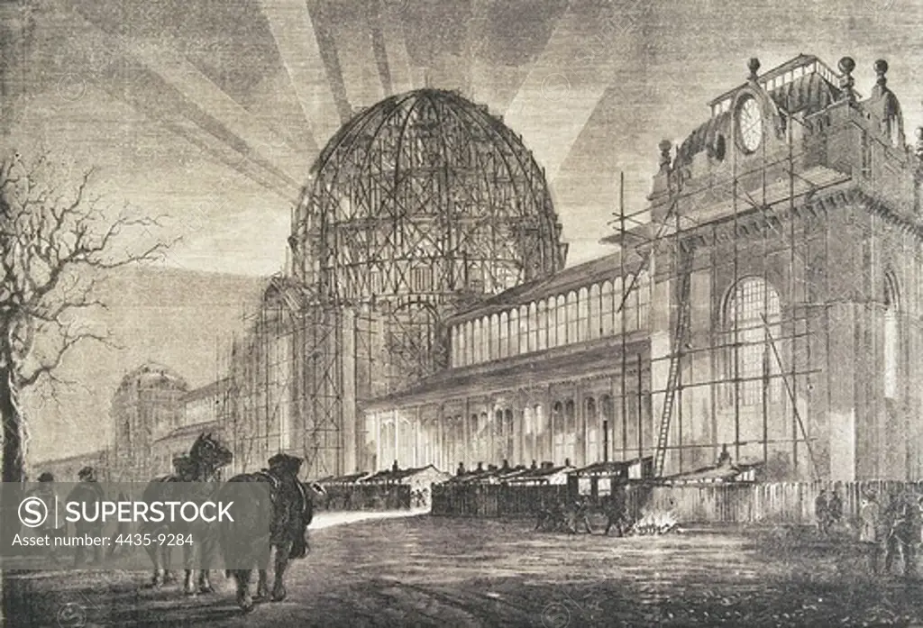 PAXTON, Joseph (1801-1865). Crystal Palace. 1851. First building with revolutionary modular, prefabricated design, and use of glass.  Built for the Universal Exhibition of 1851 in Hyde Park, London. Engraving.