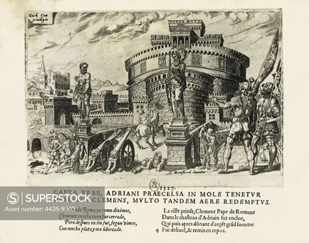 Sack of Rome or 'Sacco di Roma' (1527). Charles V's mutinous troops watch over Castel Samt'Angelo, where Pope Clement VII was imprisoned. Xylography. FRANCE. LE-DE-FRANCE. Paris. National Library.