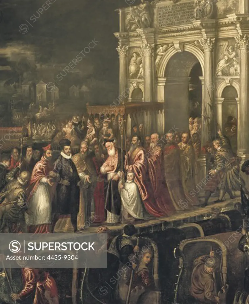Arrival of Henry III to Venice. ca. 1593. MICHIELI, Andrea, called Il Vicentino (1542-1617). Henri III of France is received in 1574 by Doge Alvise Mocenigo and met by the Patriarch Giovanni Trevisano. Renaissance art. Cinquecento. Venetian school. Oil on canvas. ITALY. VENETO. Venice. Ducal Palace.