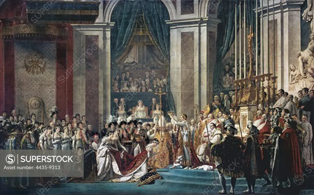 David, Jacques-Louis (1748-1825). The Consecration of the Emperor Napoleon and the Coronation of the Empress Josephine by Pope Pius VII, 2nd December 1804. 1806-1807. This ceremony took place in the cathedral of Notre-Dame in Paris on the 2nd December 1804. Neoclassicism. Oil on canvas. FRANCE. LE-DE-FRANCE. Paris. Louvre Museum.