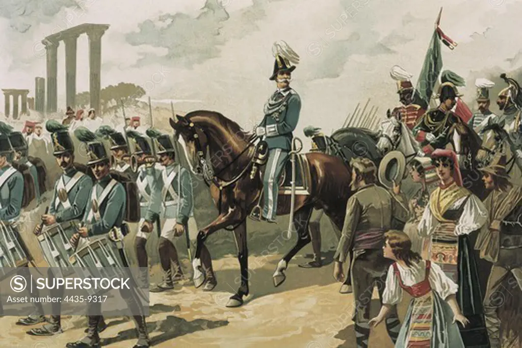 Victor Emmanuel II occupies Rome after Napoleon II's defeat. Painting.