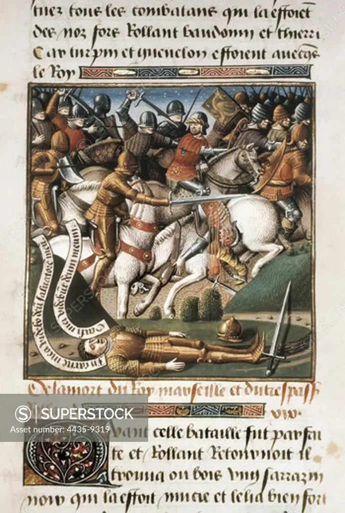 VINCENT of BEAUVAIS (1190-1264). Speculum historiale. ca. 1460. Battle of Roncevaux. Scene from Roland's death. Gothic art. Miniature Painting. FRANCE. PICARDY. OISE. Chantilly. Mus_e Cond_ (Cond_ Museum).