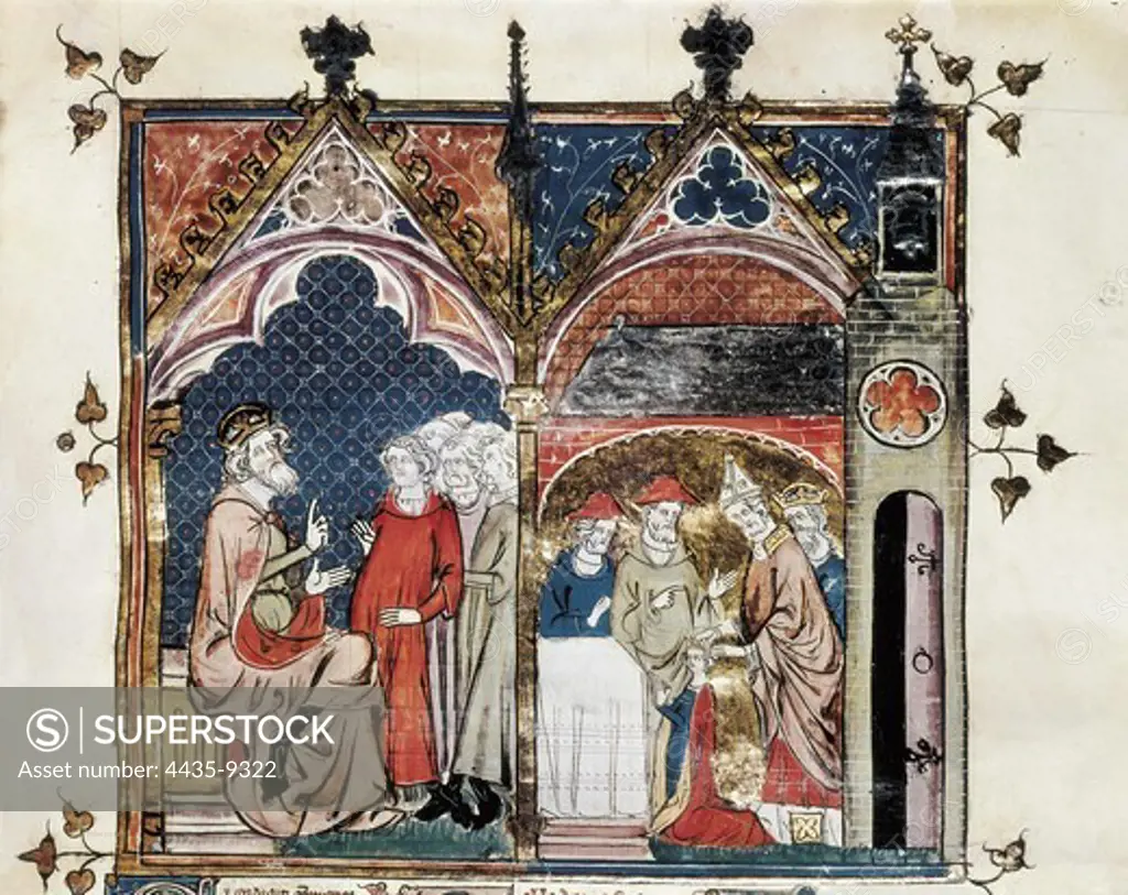 Charlemagne's Las Will and Coronation of Louis the Pious. Charlemagne's last will and coronation of Louis the Pious (15th c.). Gothic art. Miniature Painting. BELGIUM. BRUSSELS. Brussels. Bibliothque Royale (Royal Library).