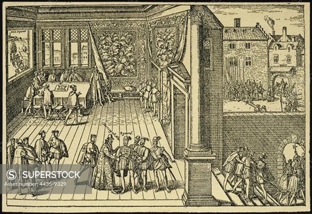 The Duke of Alba, following Philip II's order, arrests Count of Egmont in Brussels (1567). He was condemned to death by the Council of Troubles because he could not avoid the 1566 Calvinist revolts. Engraving.