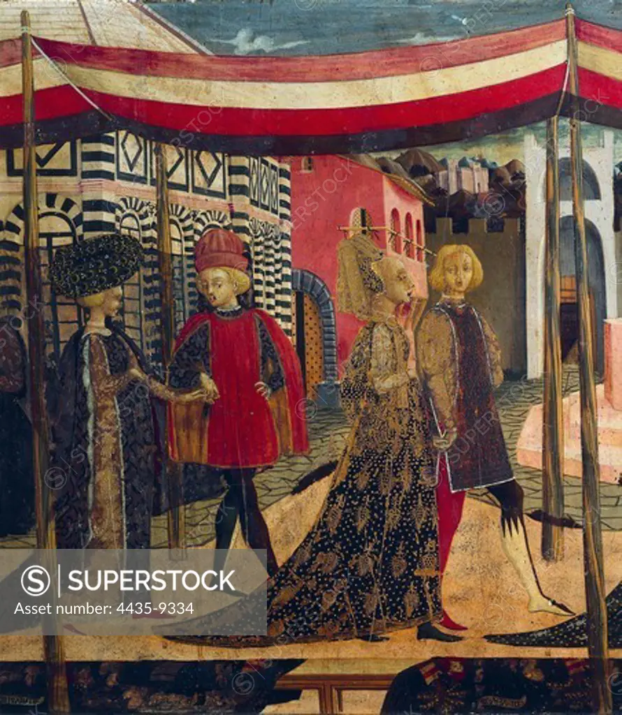 Nuptial procession in Piazza del Duomo of Florence. Decoration of the frontal of a chest by Master of Adimari Chest (1450). Renaissance art. Quattrocento. Florentine school. Tempera on wood. ITALY. TUSCANY. Florence. Galleria dell'Accademia.