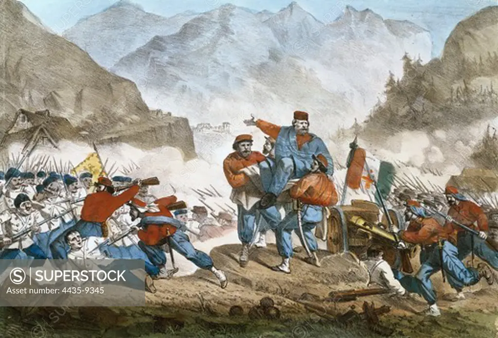 Italian unification. Battle of Bezzeca (July 21, 1866). Garibaldi, injured, incites to his soldiers. Litography. ITALY. LOMBARDY. Brescia. Risorgimento Museum.