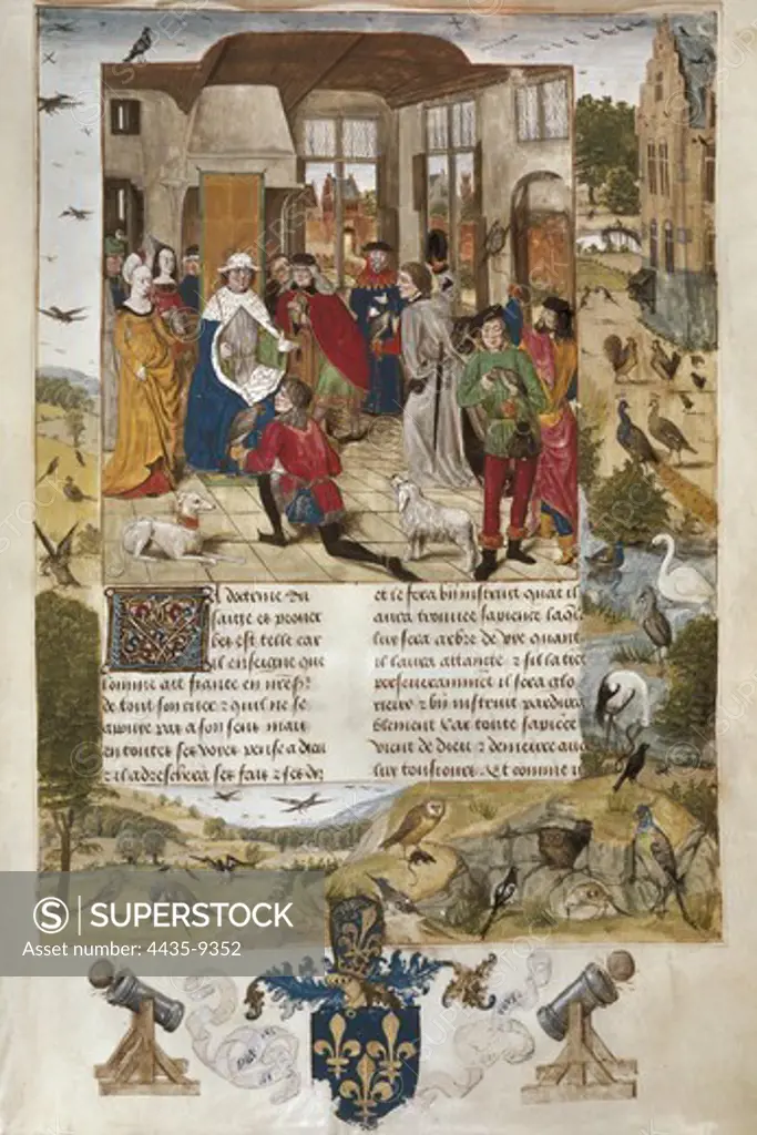 Frederick II Hohenstaufen  (1194-1250). Holy Roman Emperor (1197-1250). Duke of Swabia (1212-1216). The regent receives a hawk as a gift. Frontispiece of 'Art of falconry of the Emperor Frederick II'. French translation of the treatise 'De arte venandi cum avibus' (c.1240). Illustration by Master of Bruges in 1482. Renaissance art. Miniature Painting. SWITZERLAND. Geneva. Public and University Library.