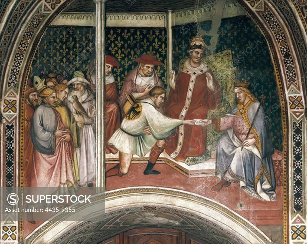 The History of Pope Alexander III. 1407 - 1408. Alexander III receiving a messenger from Barbarossa. Renaissance art. Quattrocento. Fresco. ITALY. TUSCANY. Siena. Public Palace.