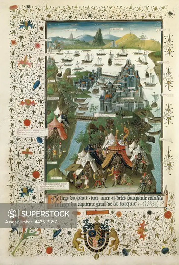 The Turkish Siege of Constantinople (1453). Gothic art. Miniature Painting. FRANCE. LE-DE-FRANCE. Paris. National Library.