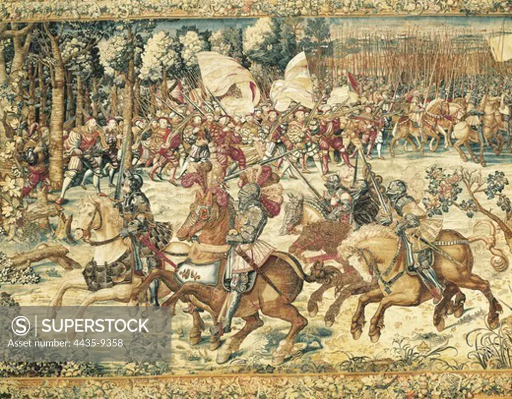 Battle of Pavia (1525). Advance of the troops of the Emperor Charles V. Tapestry based on a cardborad by Barnaert van Orley. Flemish art. Tapestry. ITALY. CAMPANIA. Naples. National Museum of Capodimonte.
