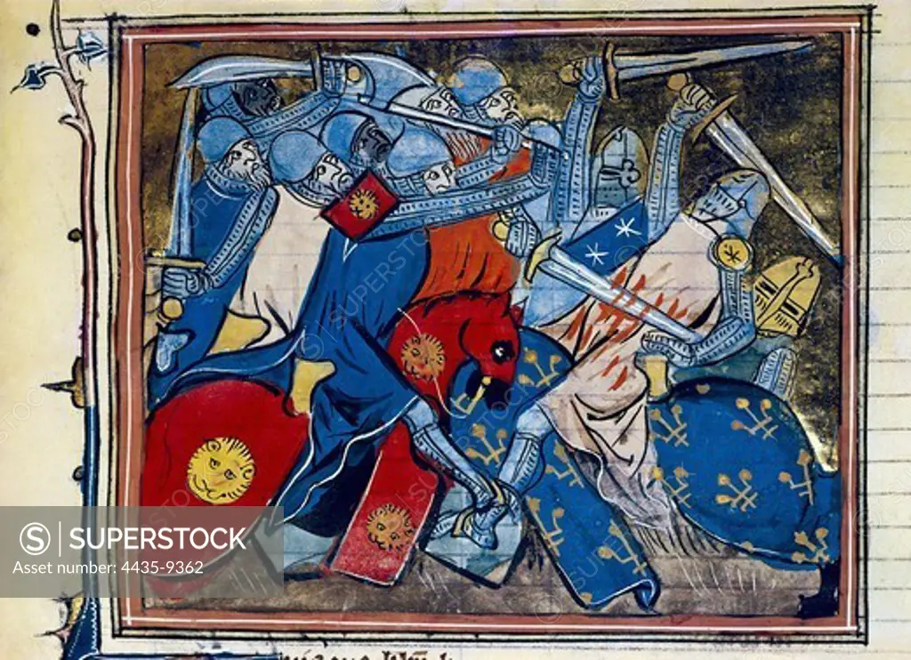 Battle of Roncesvalles (778). Picture from 'The Grand Chronicles of France' (14th c.). Gothic art. Miniature Painting. BELGIUM. BRUSSELS. Brussels. Bibliothque Royale (Royal Library).