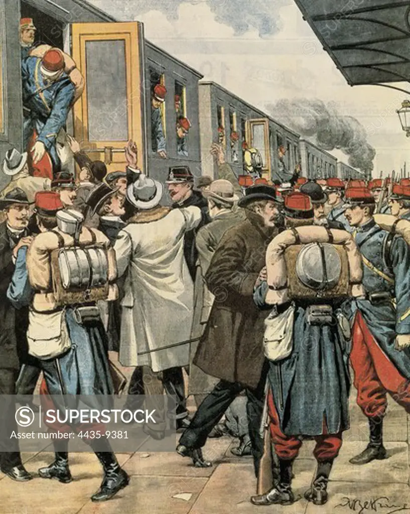 France (1901). Departure from Paris of French soldiers posted to Algiers. Picture by Achille Beltrame for 'La Domenica del Corriere'. Etching.
