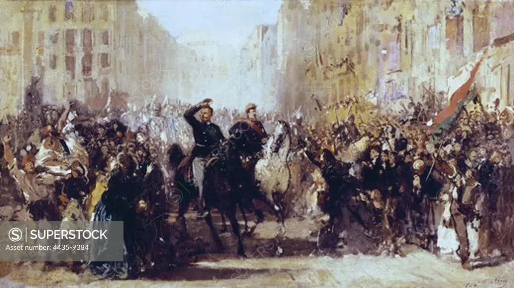 BISI, Michele (1788-1874). Entrance of vittorio Emmanuele II and Napoleon III into Milan on 8th June 1859. Oil on canvas. ITALY. LOMBARDY. Milan. Risorgimento Museum.