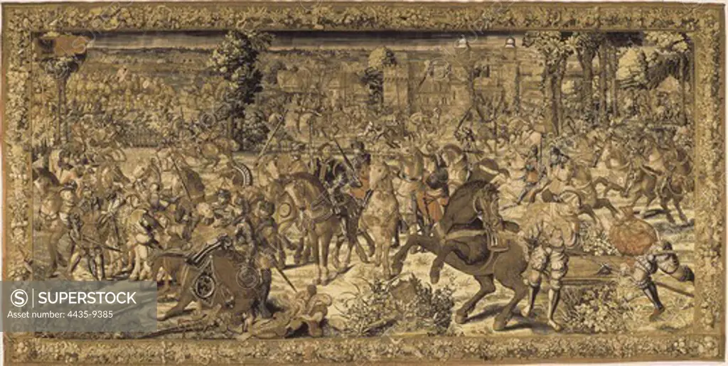 Battle of Pavia (1525). Defeat and capture of Francis I. Tapestry based on a cardborad by Barnaert van Orley. Flemish art. Tapestry. ITALY. CAMPANIA. Naples. National Museum of Capodimonte.