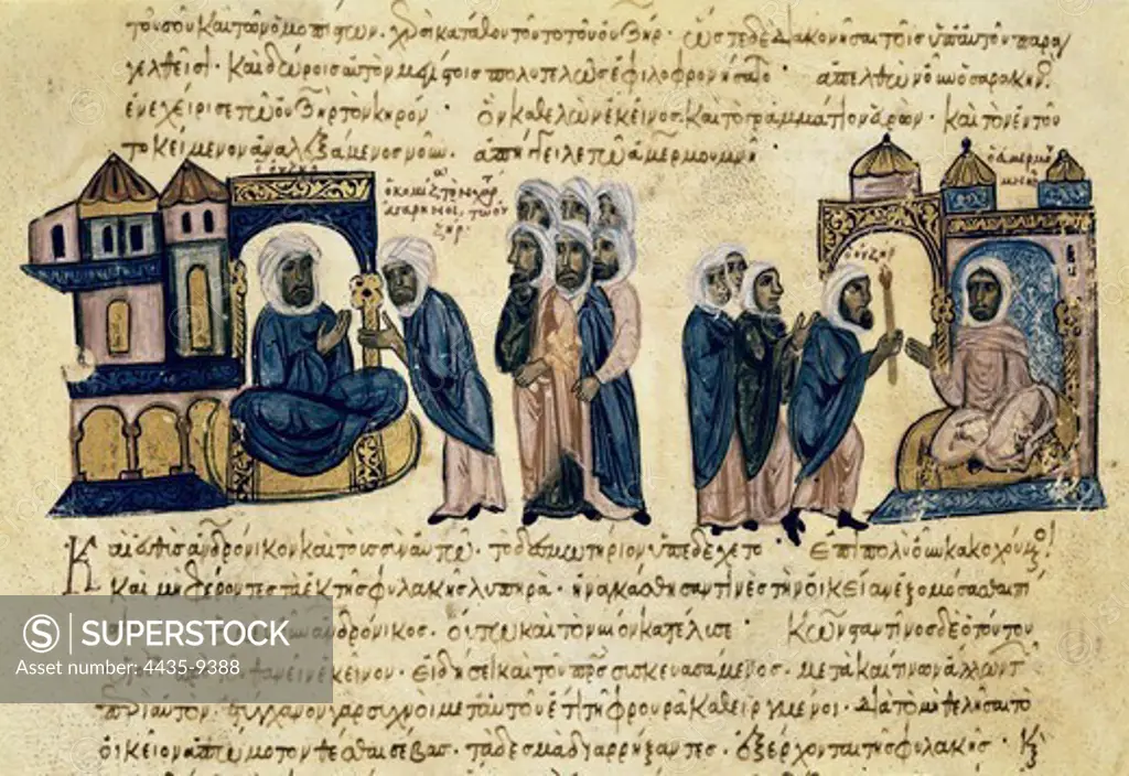 SKYLITZER, John (9th century). Madrid Skylitzes 'Synopsis historiarum'. Synopsis of Histories about the reigns of the Byzantine emperors. 12th c. Andronikos II with his son and other captives in the arab terrotories. Manuscript produced in Sicily. Byzantine art. Miniature Painting. SPAIN. MADRID (AUTONOMOUS COMMUNITY). Madrid. National Library.