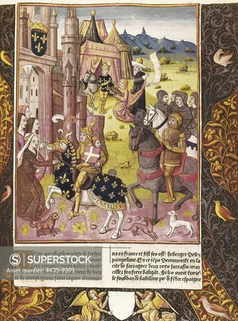 Allegory of Charlemagne's reign. Illustration of 'Grandes Chroniques de France', edition by Antoine V_rard (15th century). ITALY. PIEDMONT. Turin. National Library of the Turin University.
