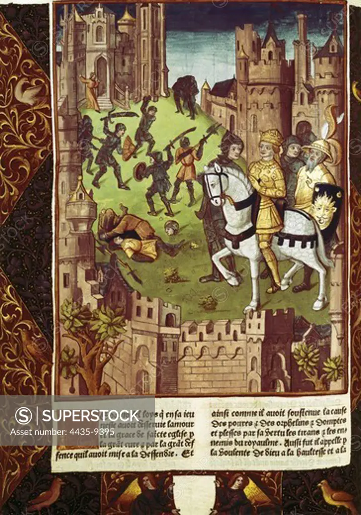 Charlemagne fighting against the Saracens to liberate the church in Santiago de Compostela. Illustration from 'Grandes Chroniques of France' (15th century). Gothic art. Miniature Painting. FRANCE. PICARDY. OISE. Chantilly. Mus_e Cond_ (Cond_ Museum).