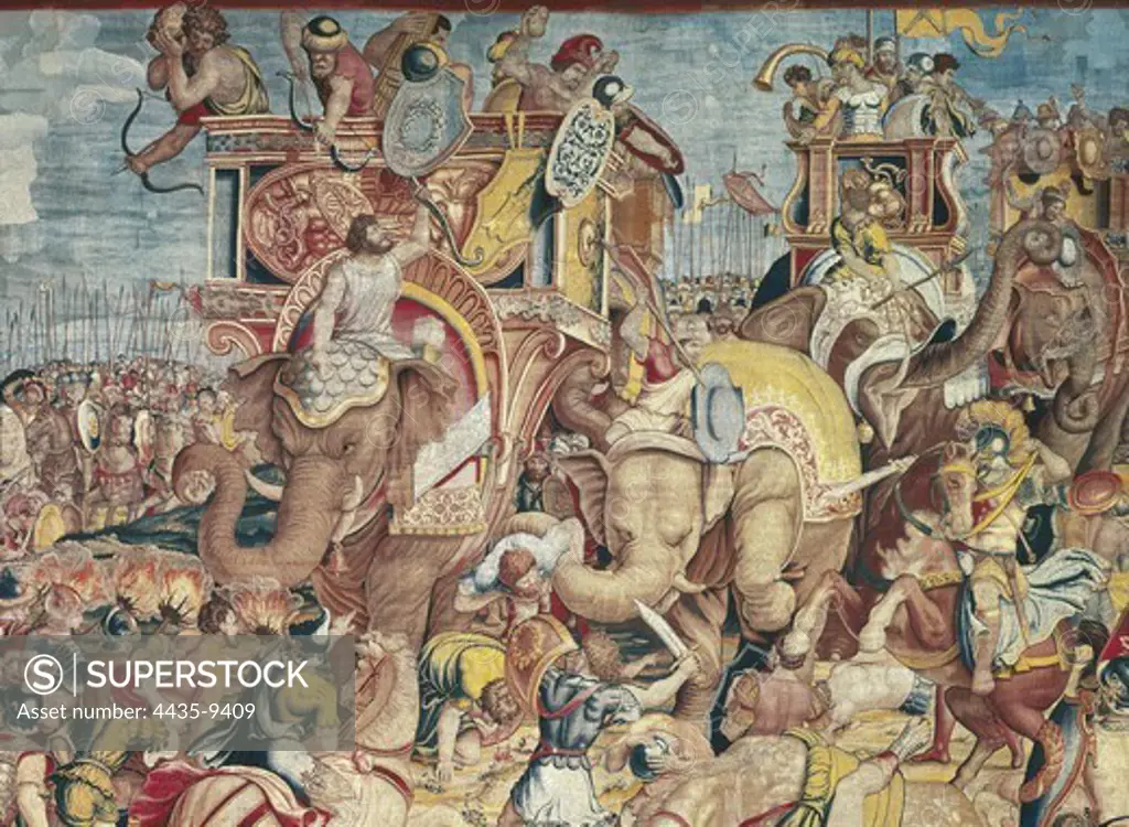 Battle of Zama. 16th c. SPAIN. Madrid. Royal Palace. Flemish art. Tapestry.