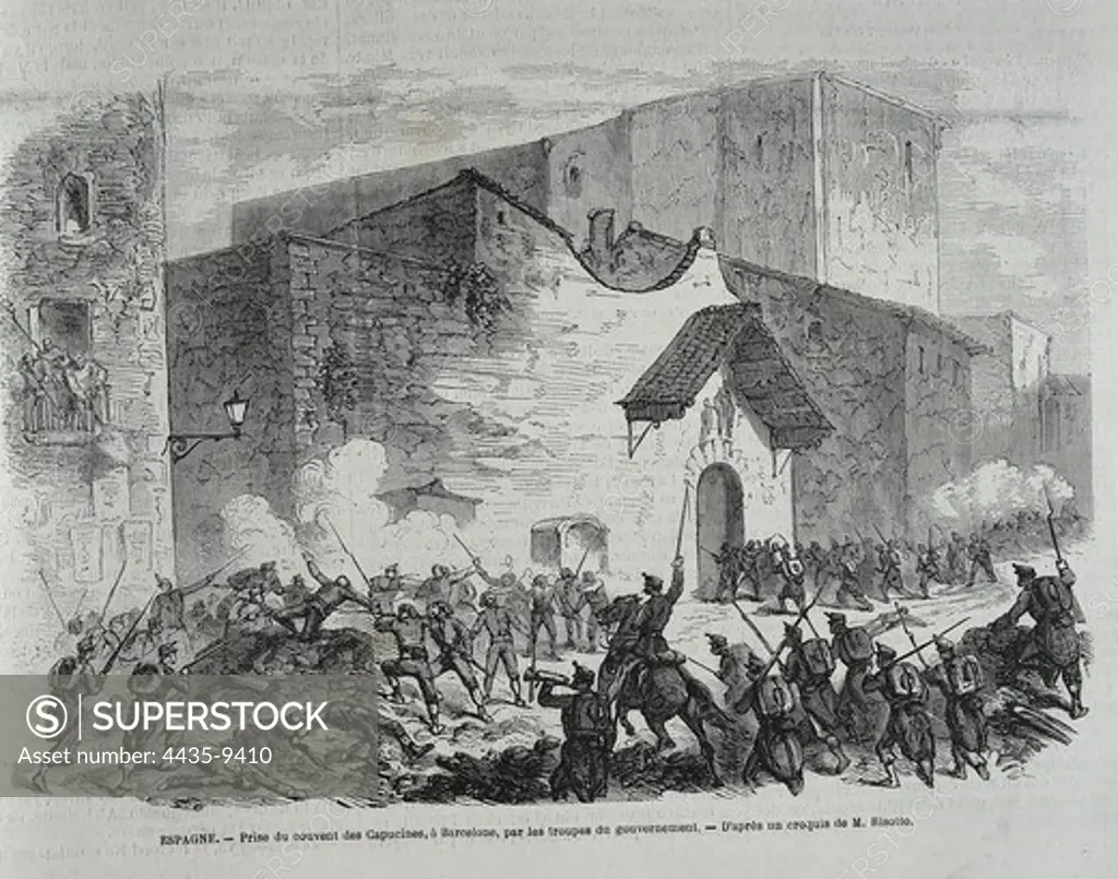Spain (1869). Glorious Revolution. Barcelona. Street riots in September 1869. Assault on the convent of Capucines. Image published in 'L'Illustration, Journal Universel' after the work by M. Risotto. Engraving.