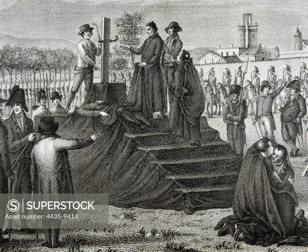 Spain (19th c.). Peninsular War (1809). Execution of Dr. Pou by French troops in Barcelona (June 1809). Engraving by Bonaventura Planella Couxello. Etching.
