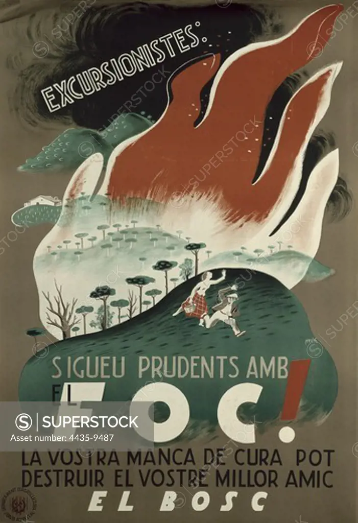 Spanish Civil War. 'Excursionistes: Sigueu prudents amb el foc!' ('Hikers: be careful lighting fire!). Propaganda poster from the Forest Service. Agriculture Department of Generalitat de Catalunya (The Government of Catalonia). Author: Mora. Drawing. SPAIN. CATALONIA. Barcelona. Biblioteca de Catalunya (National Library of Catalonia).