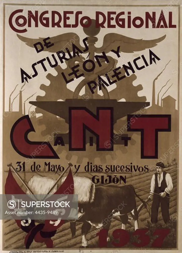 Spanish Civil War. Poster from CNT-AIT (National Confederation of Labour, member of IWA (the International Workers Association, AIT in Spanish). Party's regional conference joining Asturias, Len and Palencia.Gijn (Asturias, Spain). 1937. Author: J. Mart’nez. Drawing. SPAIN. CASTILE AND LEON. Salamanca. Archivo Histrico Nacional.