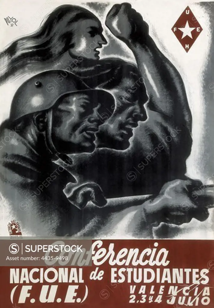 Spanish Civil War (1936-1939). 'Conferencia Nacional de Estudiantes (F.U.E.)' (Students National Conference). Poster by Ramn Puyol (1937). SPAIN. CASTILE AND LEON. Salamanca. Archivo Histrico Nacional.