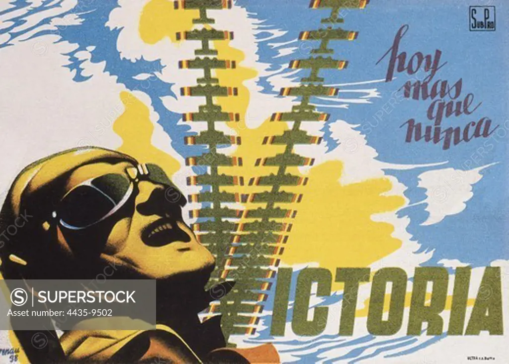 Spanish Civil War (1936-1939). 'Hoy ms que nunca Victoria' (Today more than ever Victory). Poster by Josep Renau. SPAIN. CATALONIA. BARCELONA. Monistrol de Montserrat. Library of Montserrat Abbey.