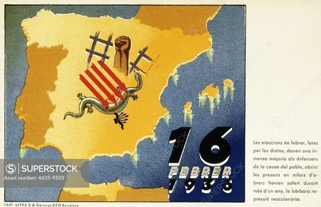 Spain. Second Republic. Elections of 16th February 1936. Propaganda poster edited by the Generalitat of Catalonia (1937). SPAIN. CATALONIA. Barcelona. Biblioteca de Catalunya (National Library of Catalonia).