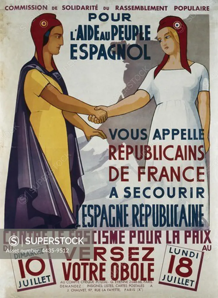 Spanish Civil War (1936-1939). 'Pour l'Aide au Peuple Espagnol'. Poster edited in Paris by the Comission of Solidarity with Spanish People (July 1937). SPAIN. CASTILE AND LEON. Salamanca. Archivo Histrico Nacional.