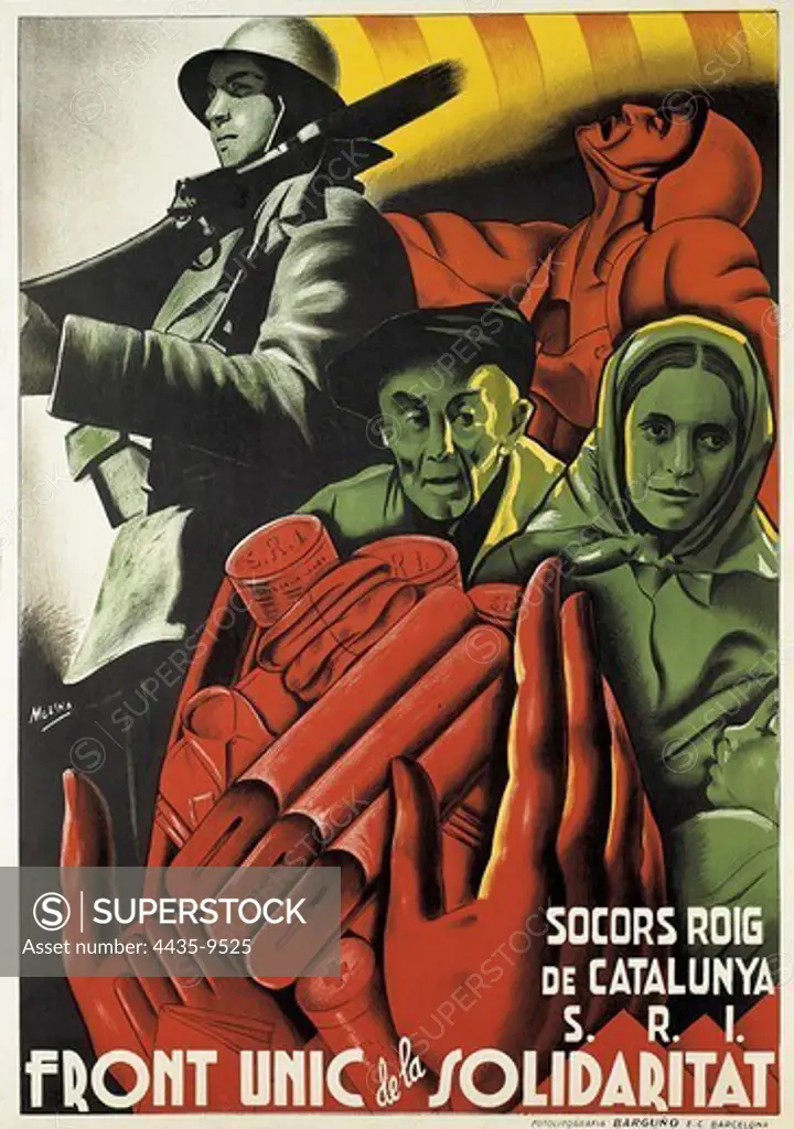 Spanish Civil War (1936-1939). 'Socors Roig de Catalunya. Front œnic de la Solidaritat' (Red Help of Catalonia. Solidarity Only Front). Poster by Molina.
