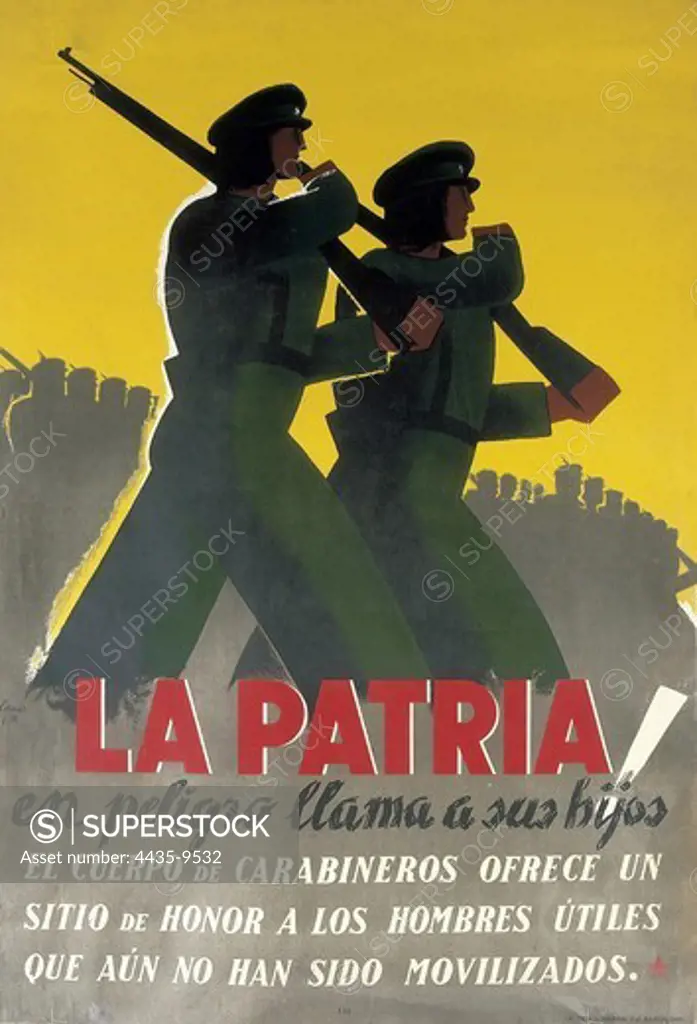 Spanish Civil War (1936-1939). 'La Patria en peligro llama a su hijo' (The Homeland in Danger Calls her Son). Poster with republican border guards (1936).