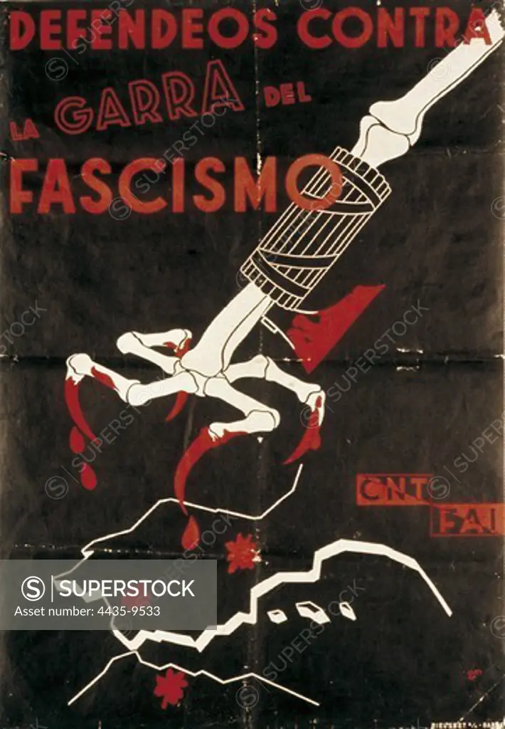 Spanish Civil War (1936-1939). 'Defendeos contra la garra del fascismo' (Defend Yourself Against the Clutches of Fascism). Poster of the CNT.