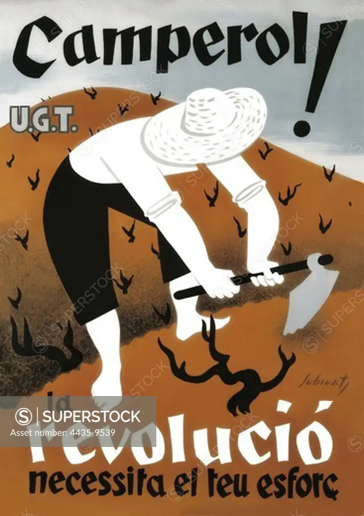 Spanish Civil War (1936-1939). 'Camperol! La Revoluci necessita el teu esfor' (Farmer! Revolution Needs Your Effort). Poster of the UGT.