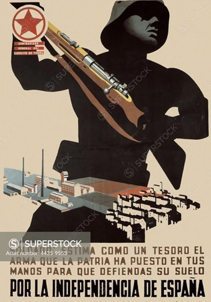 Spanish Civil War (1936-1939). 'Por la independencia de Espa-a' (For the Independence of Spain). Poster by Josep Renau edited by the General Commissariate of the Army.