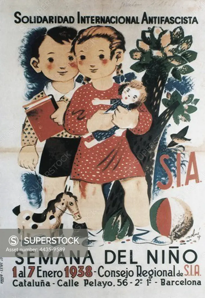 Spanish Civil War (1936-1939). Children's Week, held in Barcelona and organized by the Reginal Council of the International Antifascist Solidarity (1st-7th January 1938). Poster. SPAIN. MADRID (AUTONOMOUS COMMUNITY). Madrid. Fundacin de Estudios Libertarios Anselmo Lorenzo (FAL).
