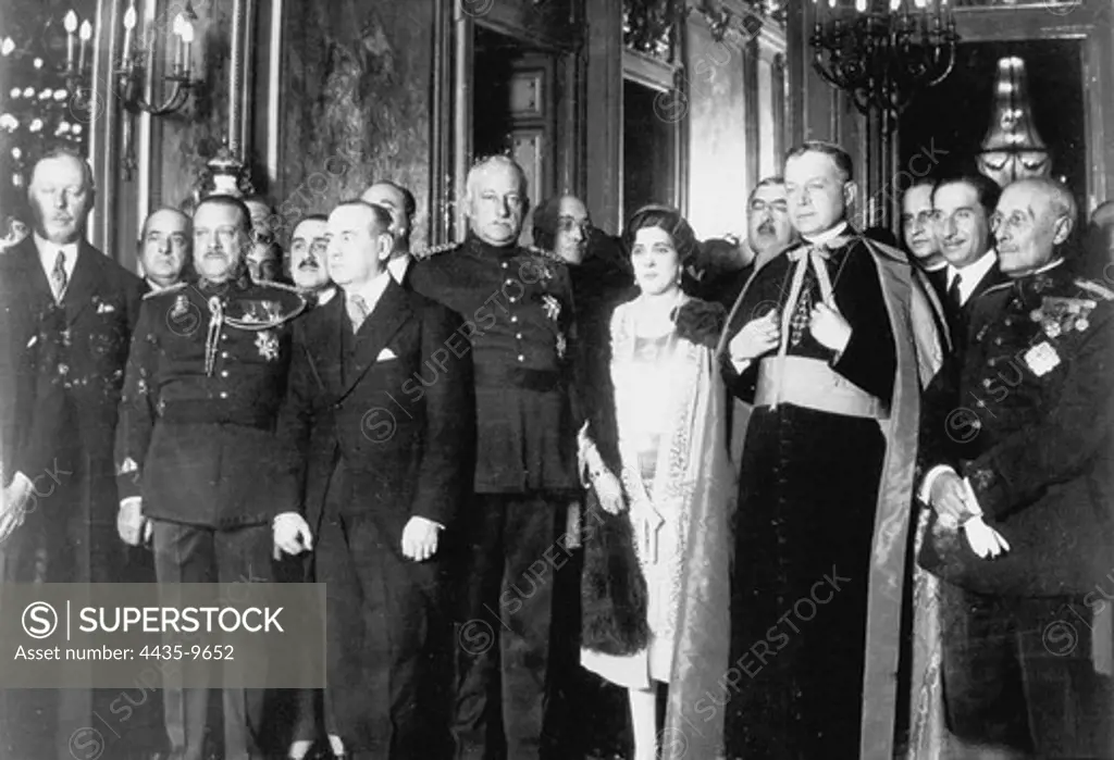SPAIN. Madrid. Spain. Primo de Rivera's dictatorship (1923-1930). Primo de Rivera (fourth man starting from the left side) in the Ambassy of Cuba in Madrid, together with Martnez Anido (second man from the left side), Garca Kohly (third man from the left side), his wife, priest Garat amd Yanguas Messa (second man from the right side).
