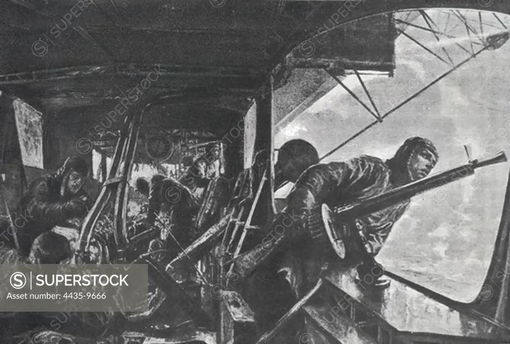 First World War (1917). Attack of an allied aircraft (November 1917). Drawing.
