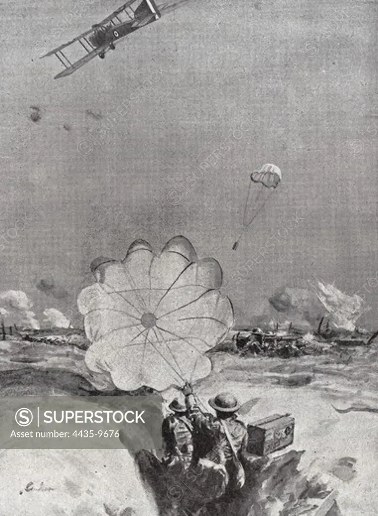 First World War (1918). Supplying for the English army coming from a parachute. Drawing.