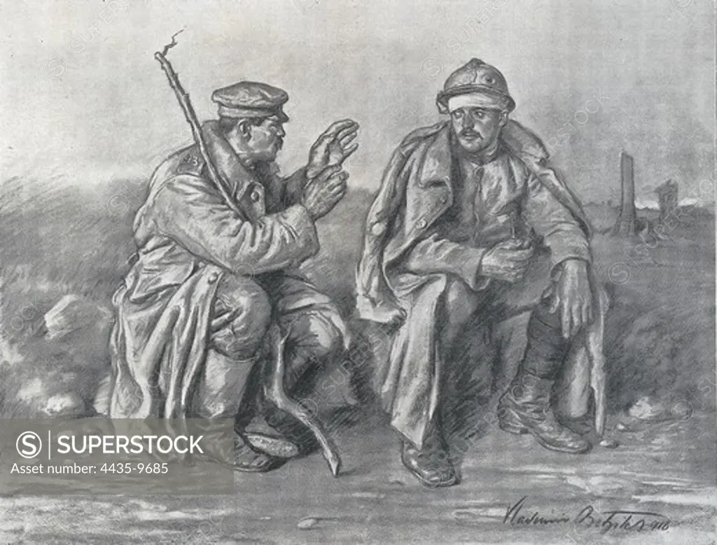First World War (1914-1918). Bulgarian prisoner talking about his country with a Serbian injured man. Illustration by Vladimir Betzitch (1916). Drawing.